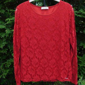 Calvin Klein Pretty Lace-Overlay Top with Sheer Lace Sleeves